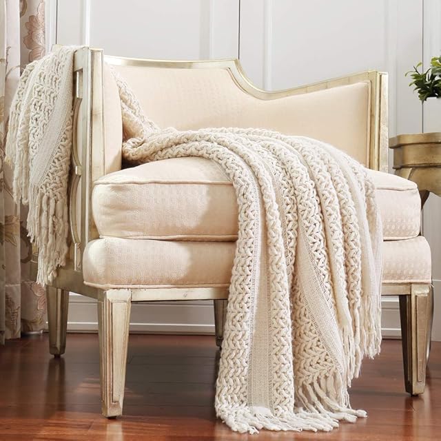 CREVENT Farmhouse Knit Throw Blanket for Couch Sofa Chair Bed Home Decoration, Soft Warm Cozy Light Weight (127cmX152cm Beige / Ivory )