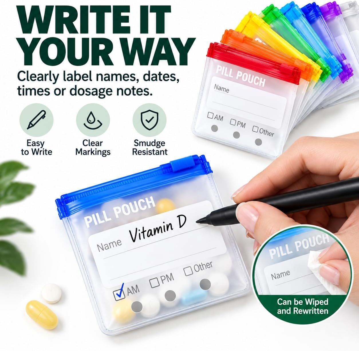 A8 Pill Organizer Bag, 14 Removable AM PM Pill Pouches for Travel