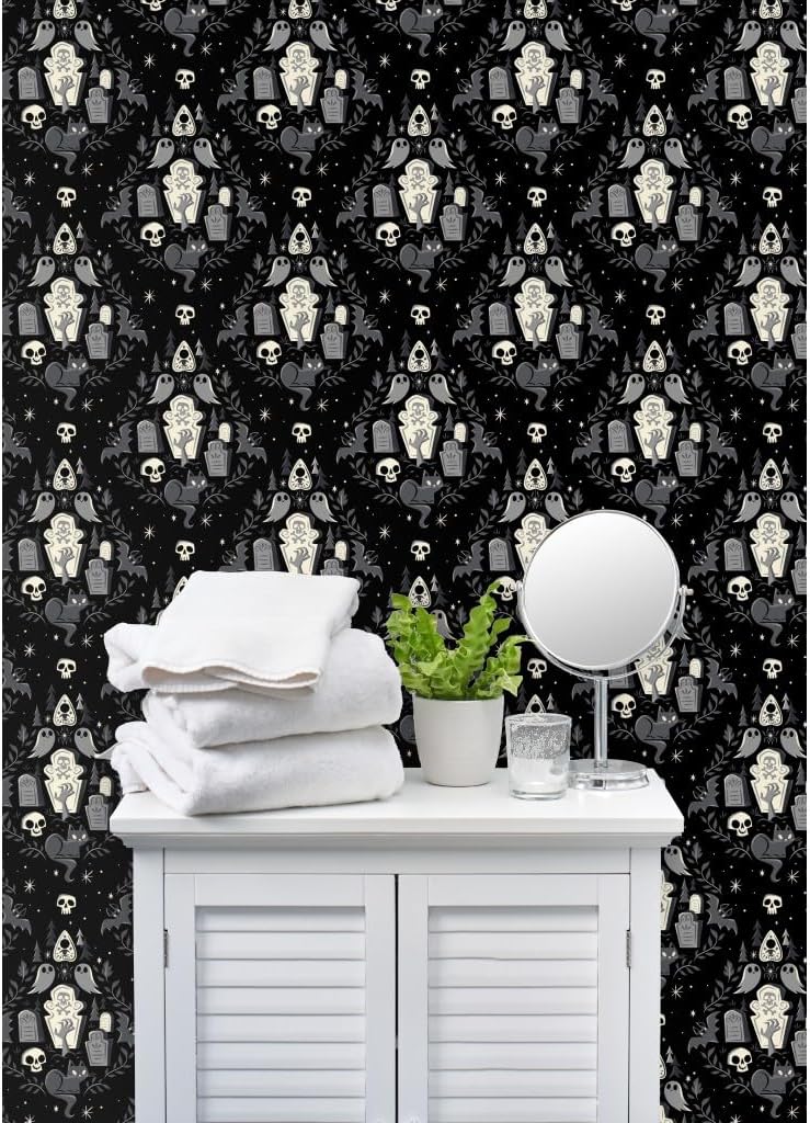 Spoonflower Commercial Grade Wallpaper 27ft x 2ft - Cute Ghosts Spooky Halloween Black Cat Fall Ghost Zombie October Traditional Wallpaper