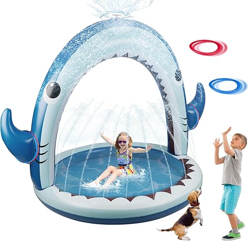 Aspersor de tiburón gigante para niños, juguetes inflables de agua con rociador de 360, 4 anillos de lanzamiento de plástico, juego de agua exterior