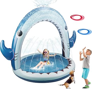 Gleamkid Giant Shark Sprinkler for Kids - Inflatable Water Toys Splash Pad with 360 Spray,4 PCS Plastic Toss Rings,Outside Water Play for Yard,Fun Sprinkler Summer Game Gift Boys or Girls Ages 3-8