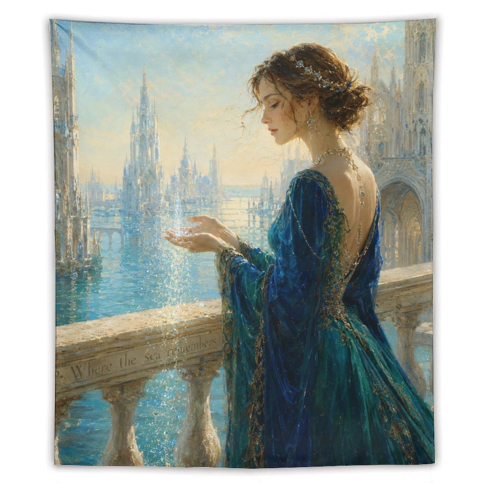 H3B8U2Y5 Woman in Blue Dress Wall Tapestry, Realistic Illustration