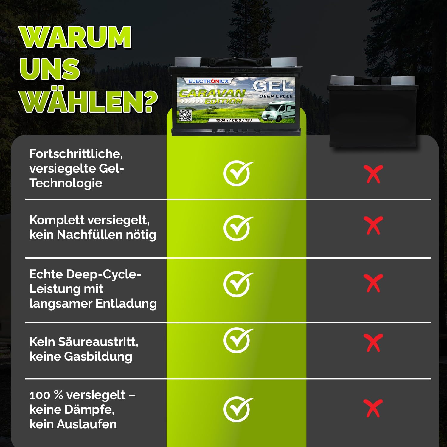 Electronicx GEL Caravan Versorgungsbatterie 100Ah 12V – Deep Cycle Wohnmobil Batterie 100 Ah – Solar 12 Volt GEL – Batterie Wohnwagen Boot Freizeit 278×175×190mm – Pluspol rechts