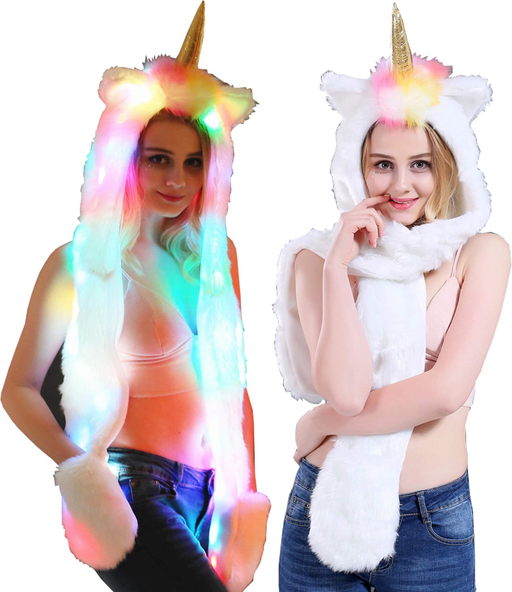 foci coziFaux Fur Unicorn Hat Scarf Gloves Light Up Mittens 3-in-3 Function Furry Hoodie Flashing Control LED light