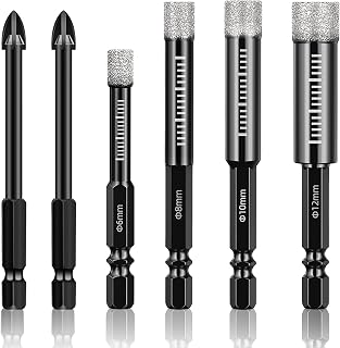 6 Pcs Diamond Drill Bits Porcelain Tile Drill Bit 6/8/10/12mm Hex Shank Diamond Hole Saw Kit Sets Dry Hole Saw Drill Bit for Granite, Ceramic, Marble Stone and Glass
