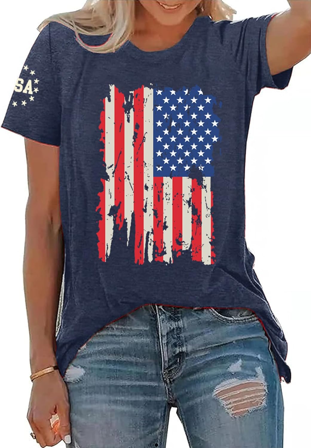 USA Flag Shirts for Women: Vintage American Flag Graphic Tshirts 4th of July Tees Patriotic Blouse Tops - Image 2