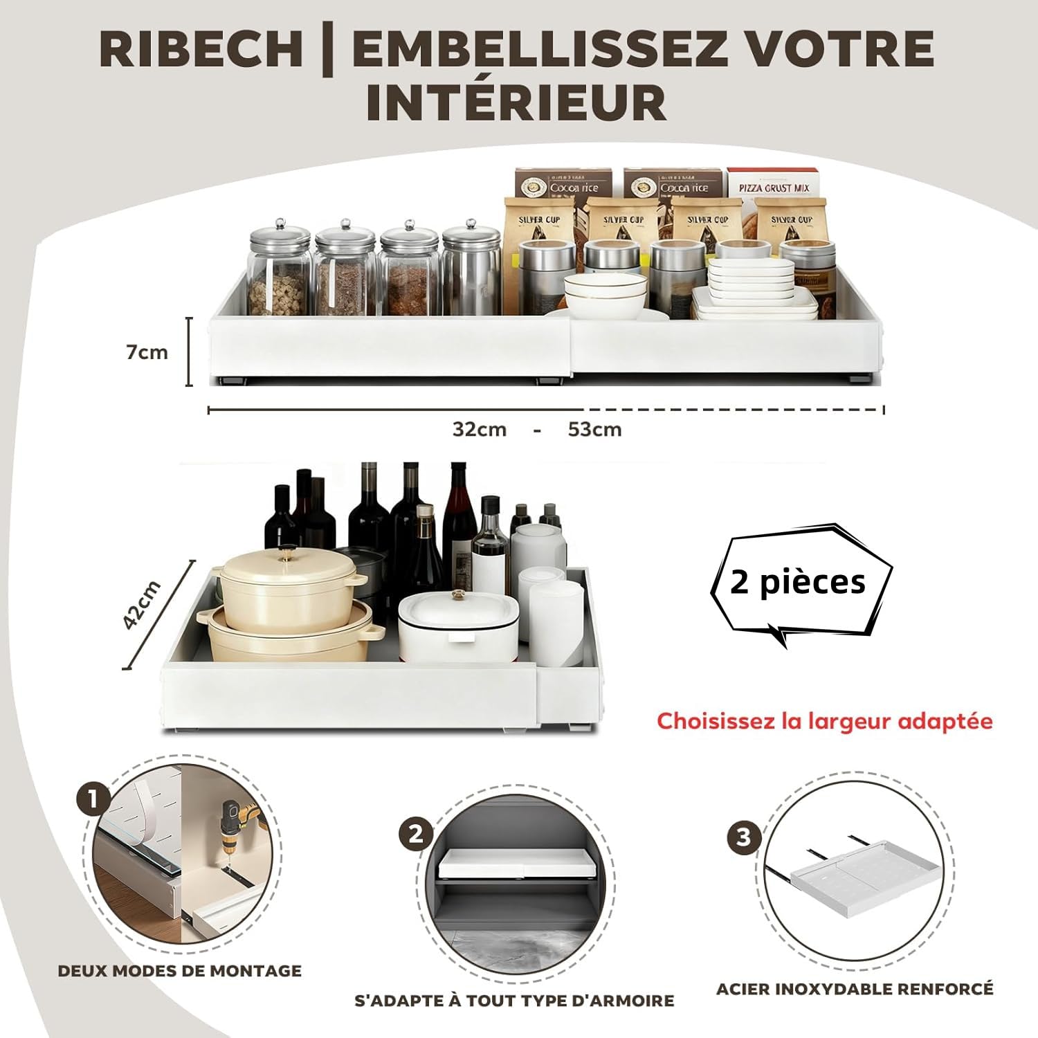 Lot de 2 Organisateur de Placard Extensible Blanc – Largeur Réglable 32-53 cm, Profondeur 42 cm – Tiroir Coulissant Adhésif pour Cuisine, Sans Perçage