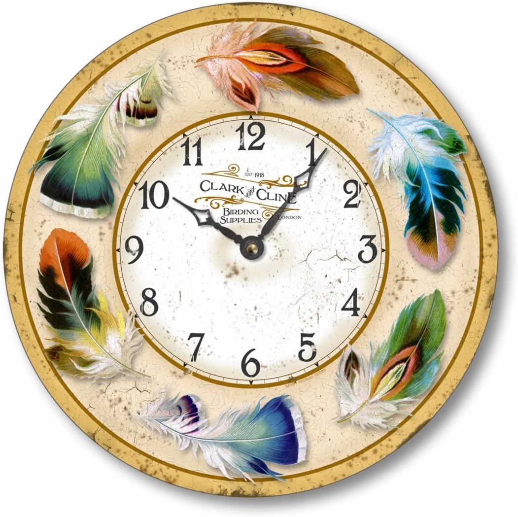 Item C2017 Vintage Style 10.5 Inch Bird Feathers Wall Clock