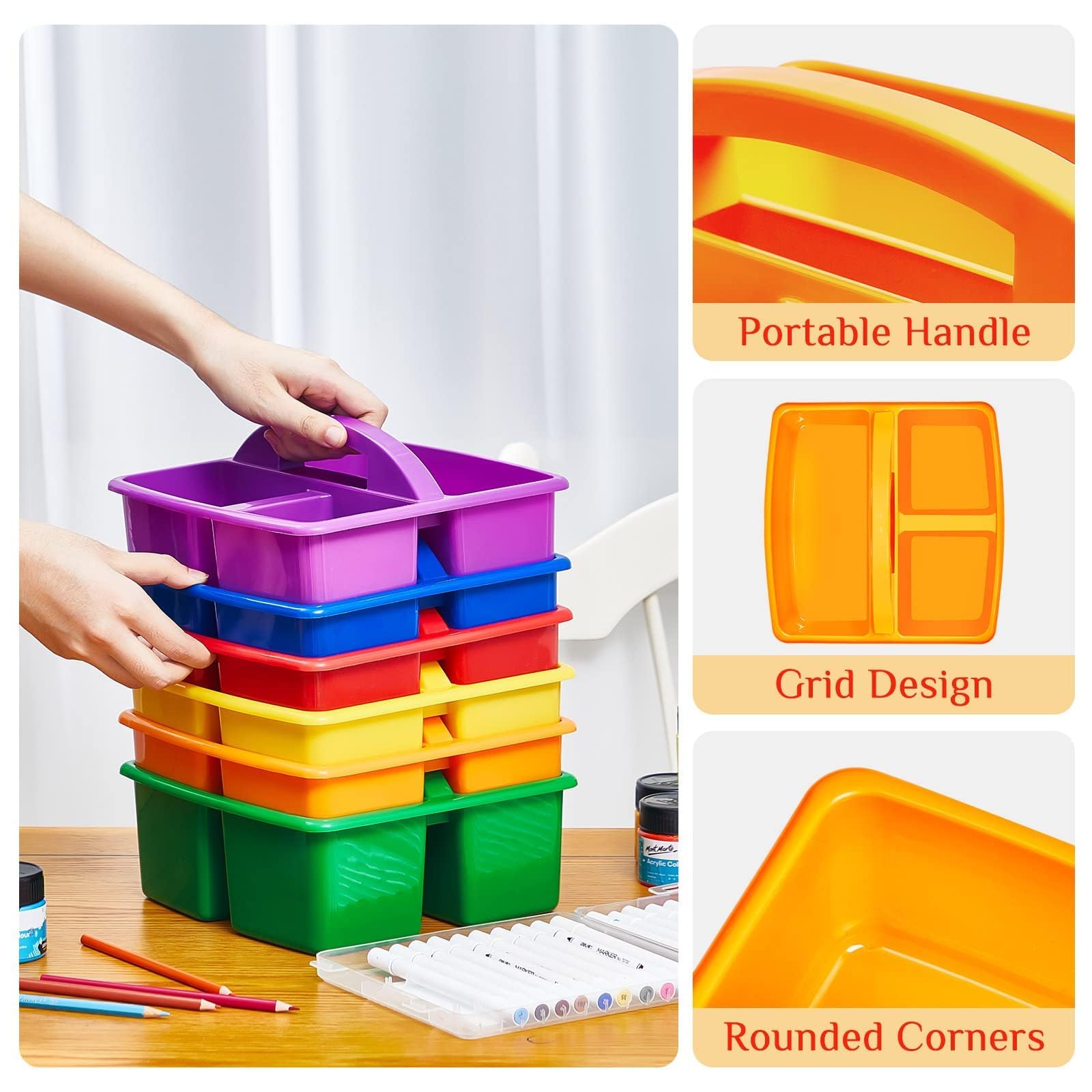 Cestino portaoggetti portatile diviso, impilabile, in plastica, per forniture artistiche dell'asilo, porta pennelli e cancelleria per scuole e uffici, confezione da 6