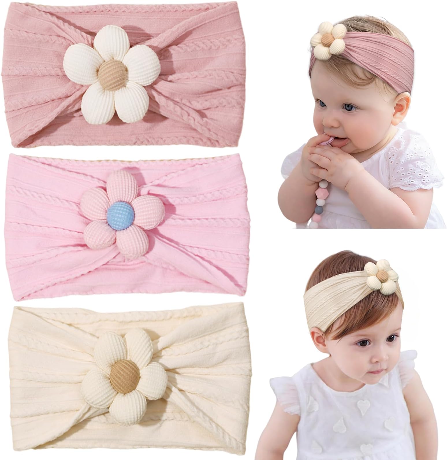 Baby Headband, 3 Pcs Baby Headbands for Girls Stretchy Soft Babys Cute Headwear Nylon Toddler Infant Hairband Babys Turban Headband Elastic Hair Bands for Kids Infants Toddlers Newborn (Flower)