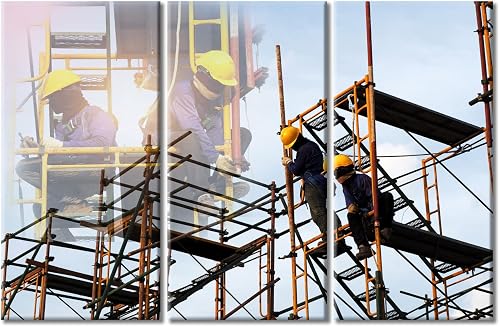 TUMOVO 3 Panel Construction Workers Work at Height Safely Canvas Wall Art Buildi