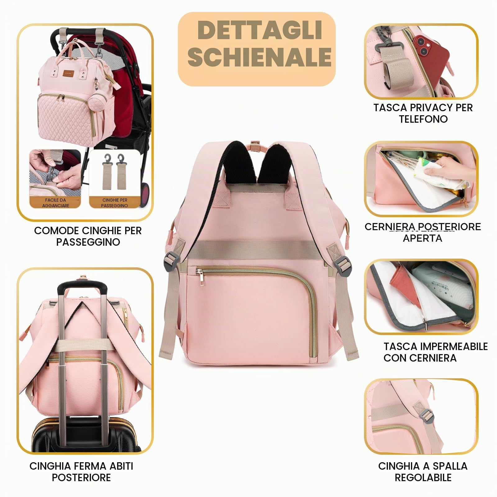 ROSEGIN - Borsa per pannolini rosa per neonate, regalo perfetto per baby shower, con fasciatoio, custodia per ciuccio, tasche isolate, cinghie per passeggino, grande capacità di 35 litri, carina