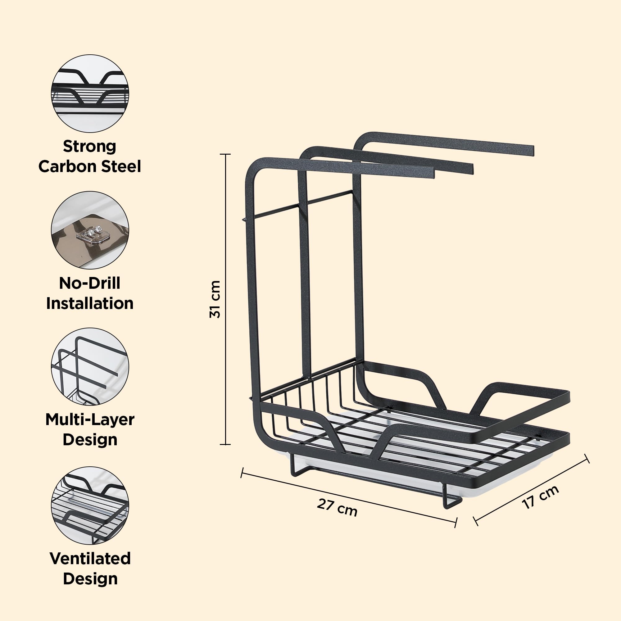 UMAI Three-Bar Kitchen Rag Rack with Drain Tray | Wall-Mounted or Countertop | Space Saving, Multifunctional, Adjustable, Durable, and Clean (Black) - Image 3 thumbnail