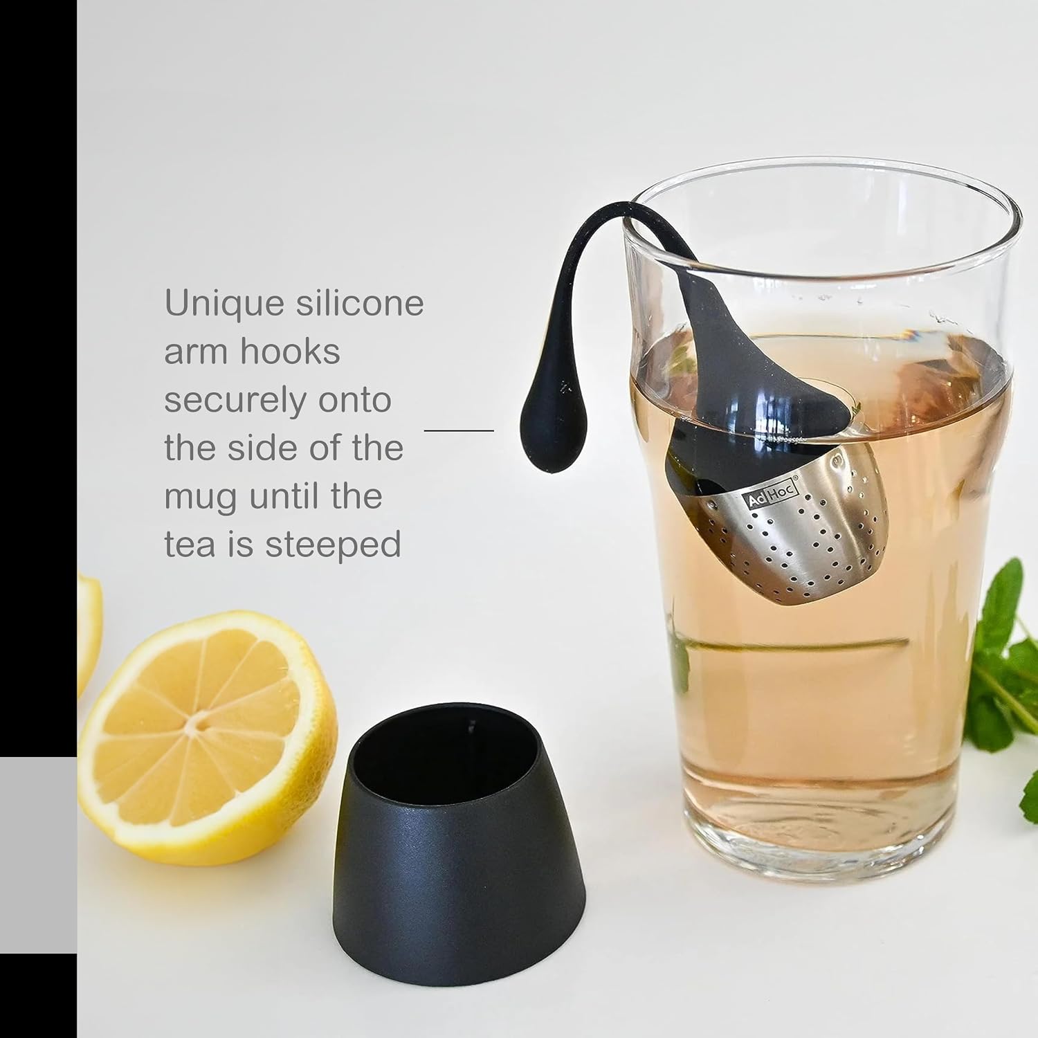 AdHoc Hangtea Infuser Black - Tea Infuser Kitchen Accessory - Dishwasher-Safe Metal Strainer for Fruit & Other Teas - Stainless Steel Diffuser with Silicone Arm - Essential Filter for Tea image 4