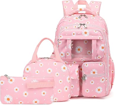 Daisy School Backpack for Teens Girls, 3PCS Refrigerator Door Backpacks with Insulated Lunch Box Pencil Bag for Kids Women Students Pink