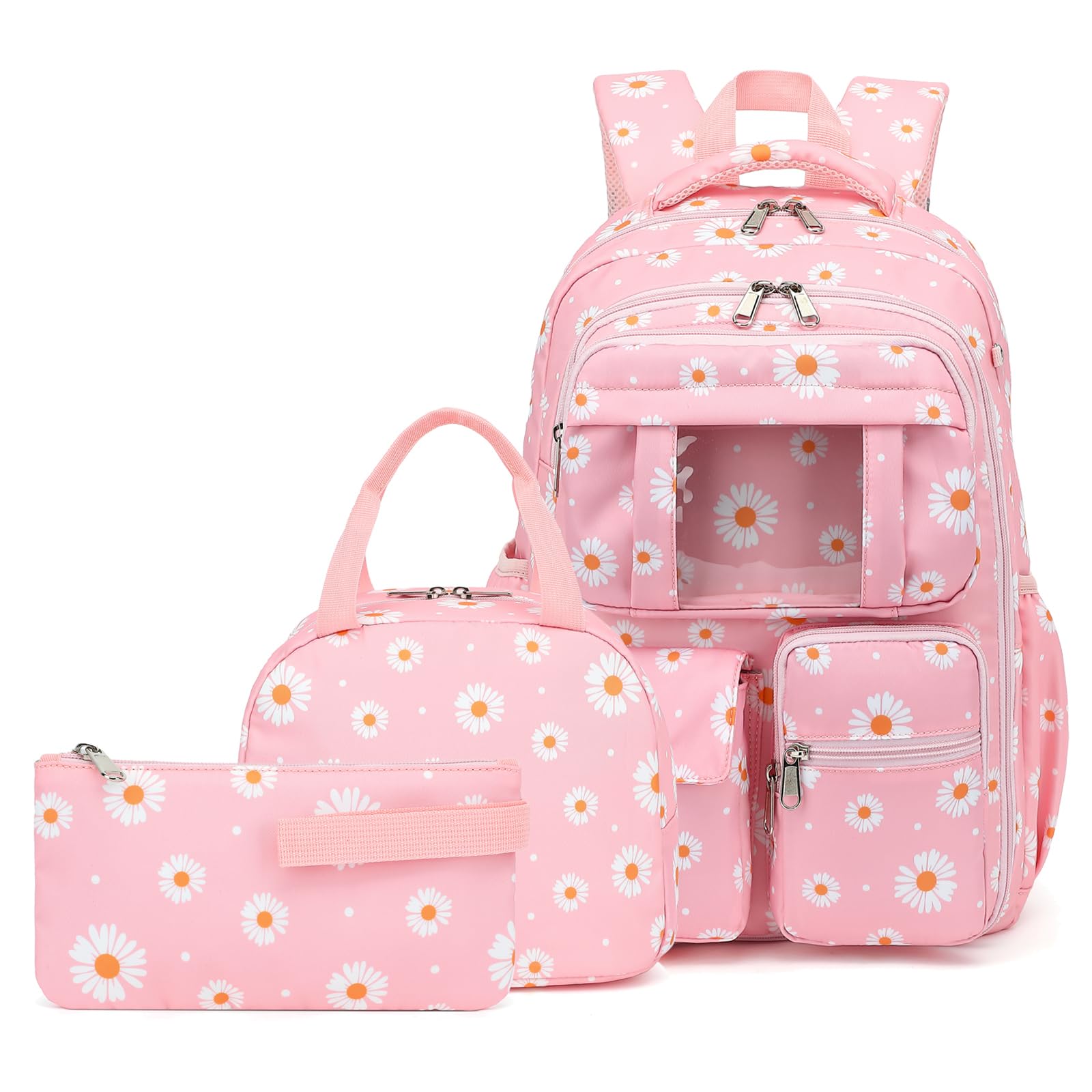 Daisy School Backpack for Teens Girls, 3PCS Refrigerator Door Backpacks with Insulated Lunch Box Pencil Bag for Kids Women Students (Pink)