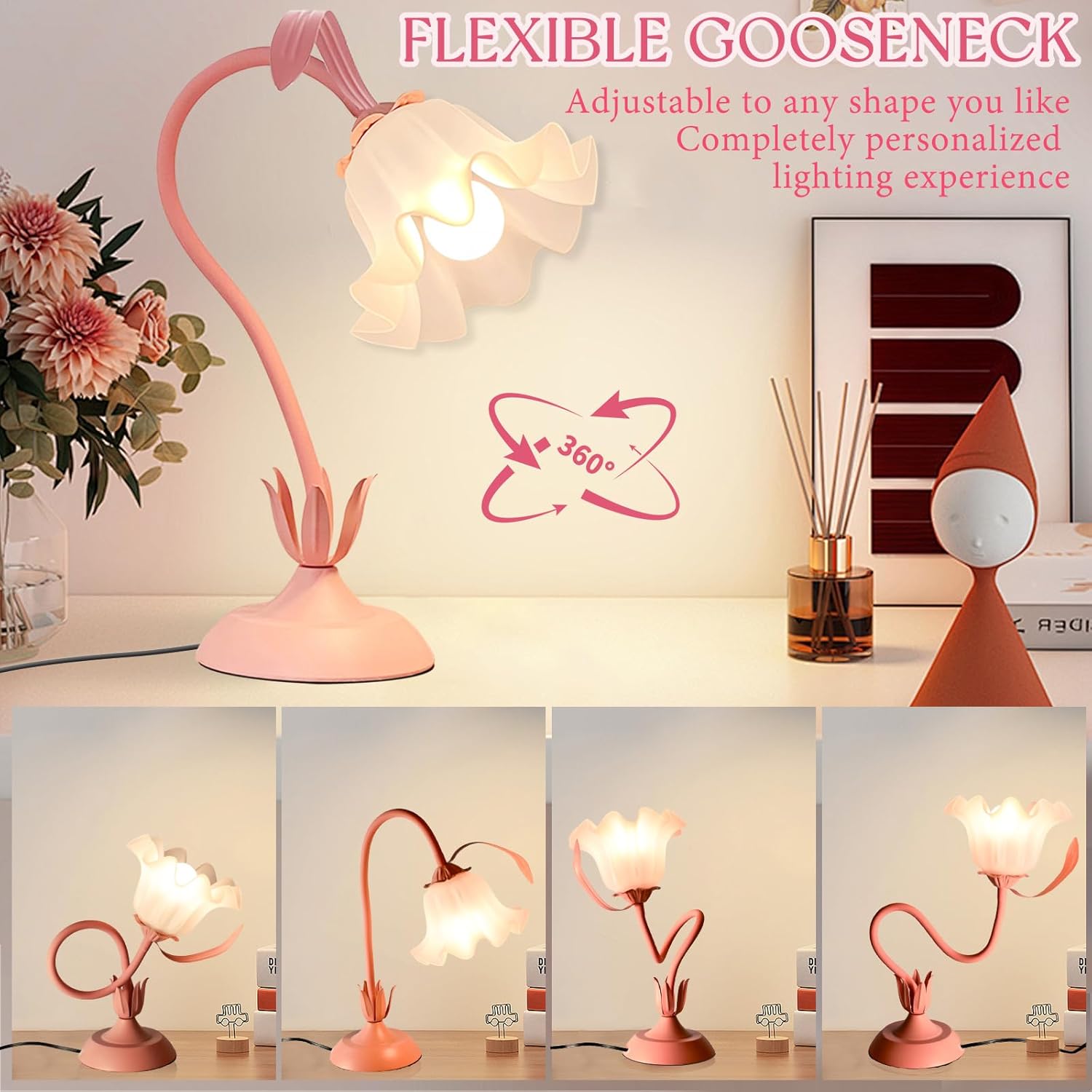 Cute Flower Table Lamp, Bedside Vintage Flower Lamp with LED Bulb, 3 Colors Temperature Flower Lamp for Bedroom Living Room Bedside Desk Reading Lighting Table Lamps Home Decoration (Pink)