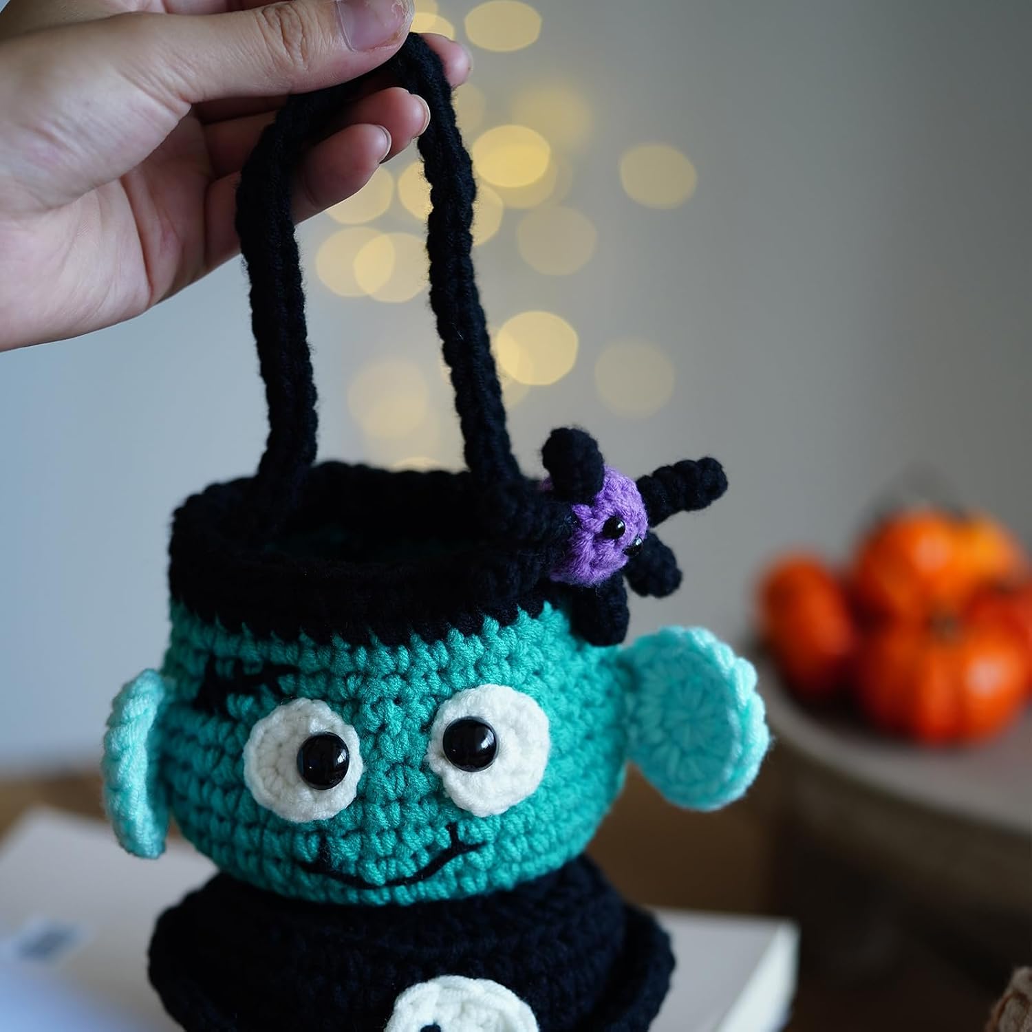 Howie's Needepoint Crochet Kits, Halloween Crochet Kit for Beginners Adults with Step-by-Step Instructions and Video Tutorials, Amigurumi Crochet Kits (Sugar Bag Green Monster)