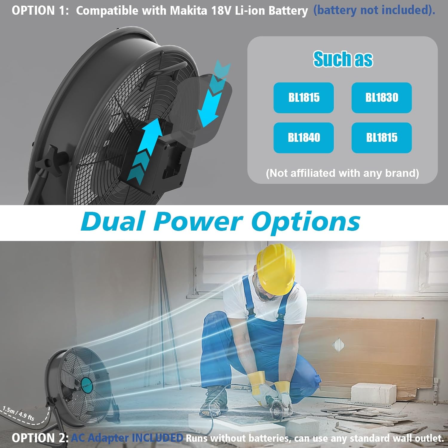 16" Battery Operated Floor Fan Compatible with Makita 18V Battery, Portable Fan with AC Adapter and USB Output, Metal Industrial High Velocity, Stepless Speed Cordless Fan for Jobsite Garage Camping