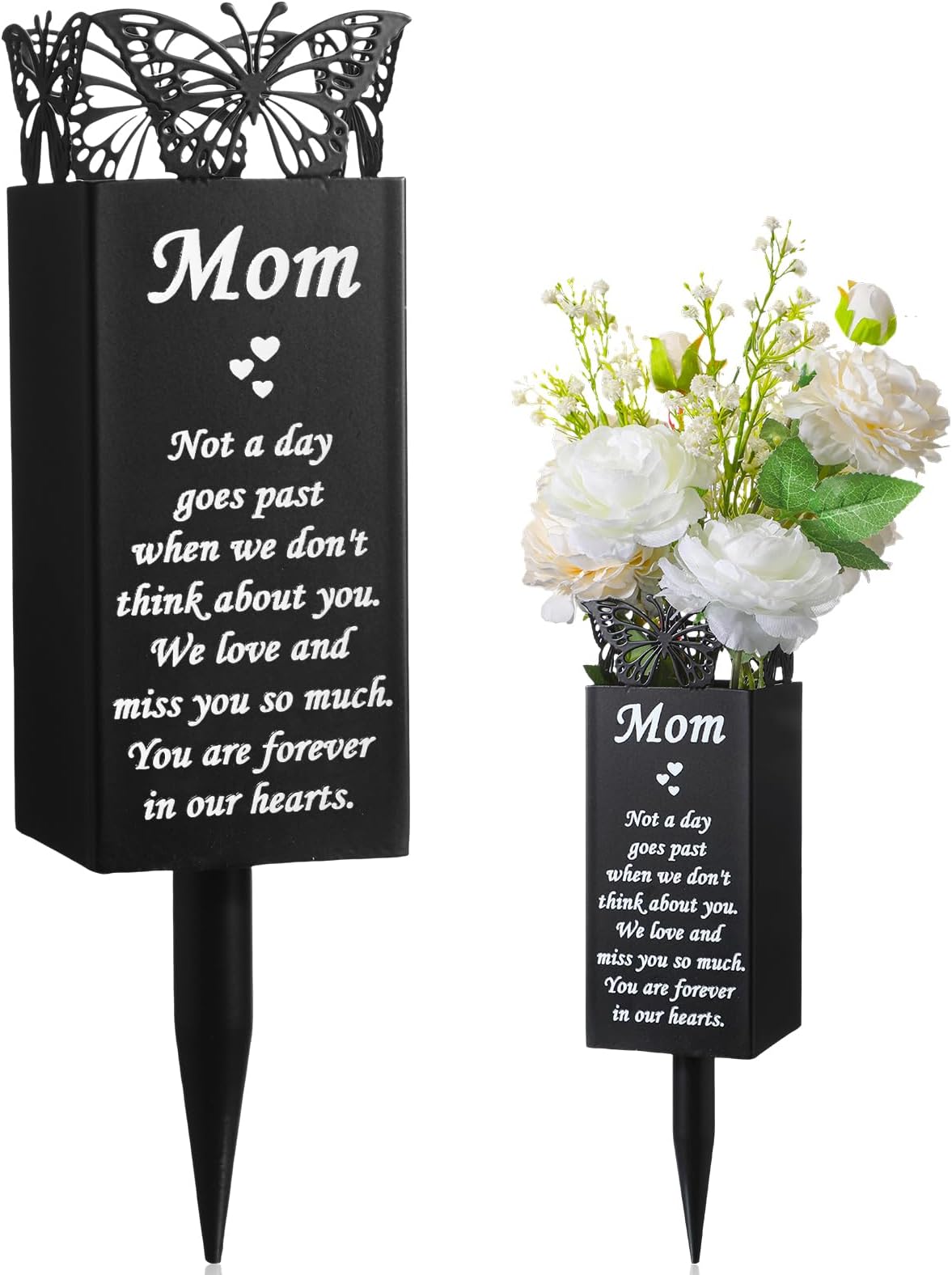 Geosar Cemetery Vases for Grave Metal Flower Butterfly Memorial Flower Holder with Spike Grave Marker Floral Cemetery Funeral Mother's Day Decorations for Lawn Yard Outdoor Funeral(Classic)