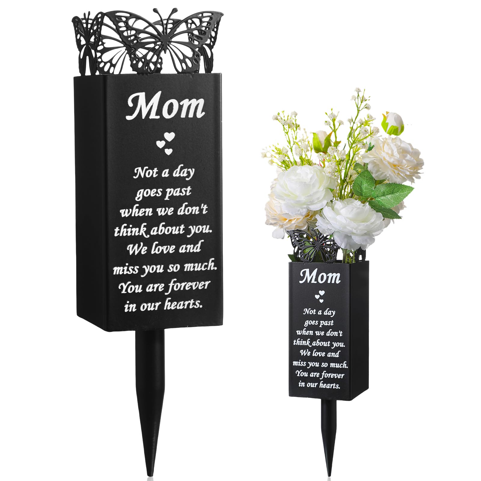 Geosar Cemetery Vases for Grave Metal Flower Butterfly Cemetery Vases Memorial Flower Holder with Spike Grave Marker Floral Cemetery Decorations for Grave Lawn Yard Outdoor Funeral(Mom)