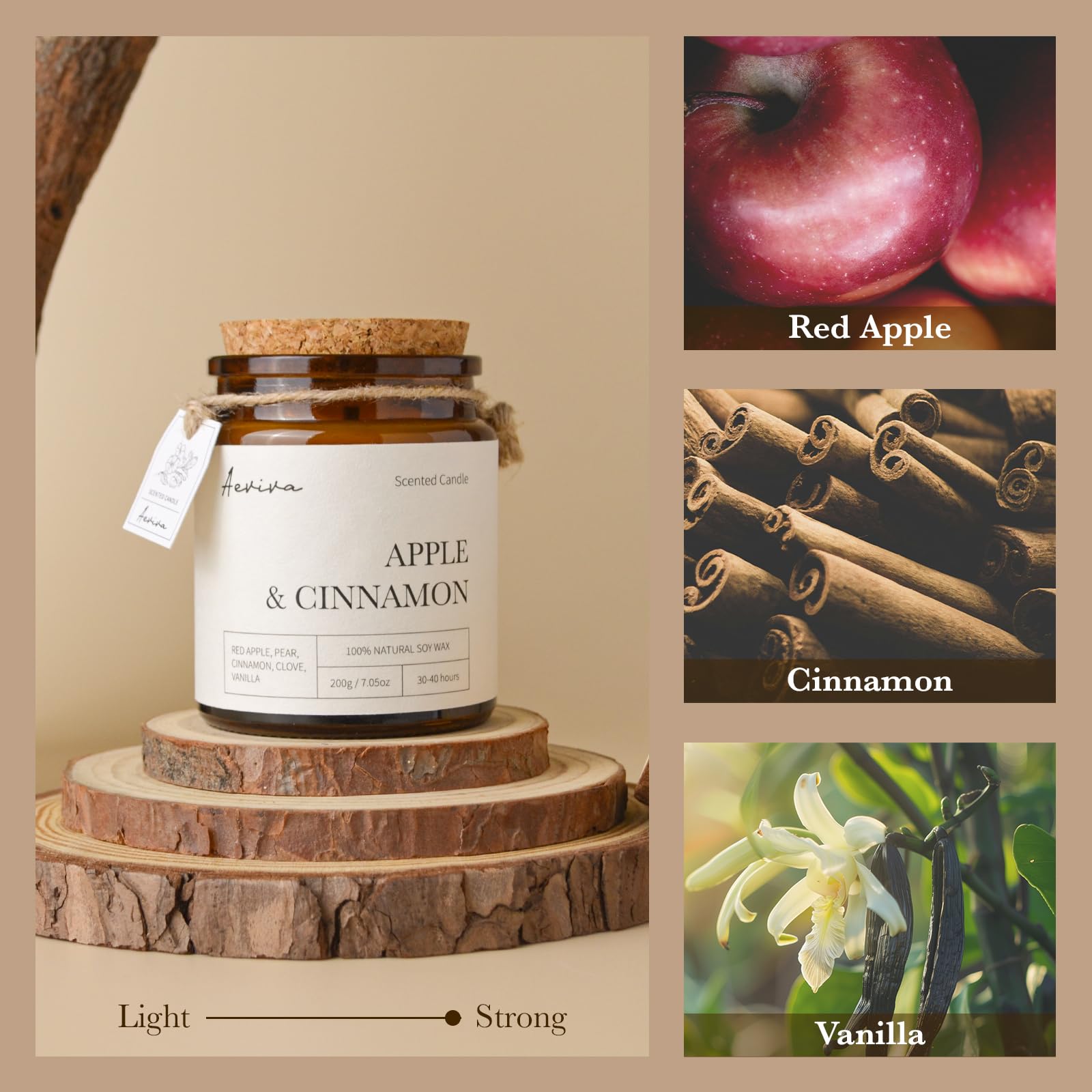Aeviva Scented Candle, 7.05 oz Apple & Cinnamon Aromatherapy Candle, Natural Soy Wax with Wooden Wick, Candles for Home Scented, Stress Relief Amber Jar Candle Gifts