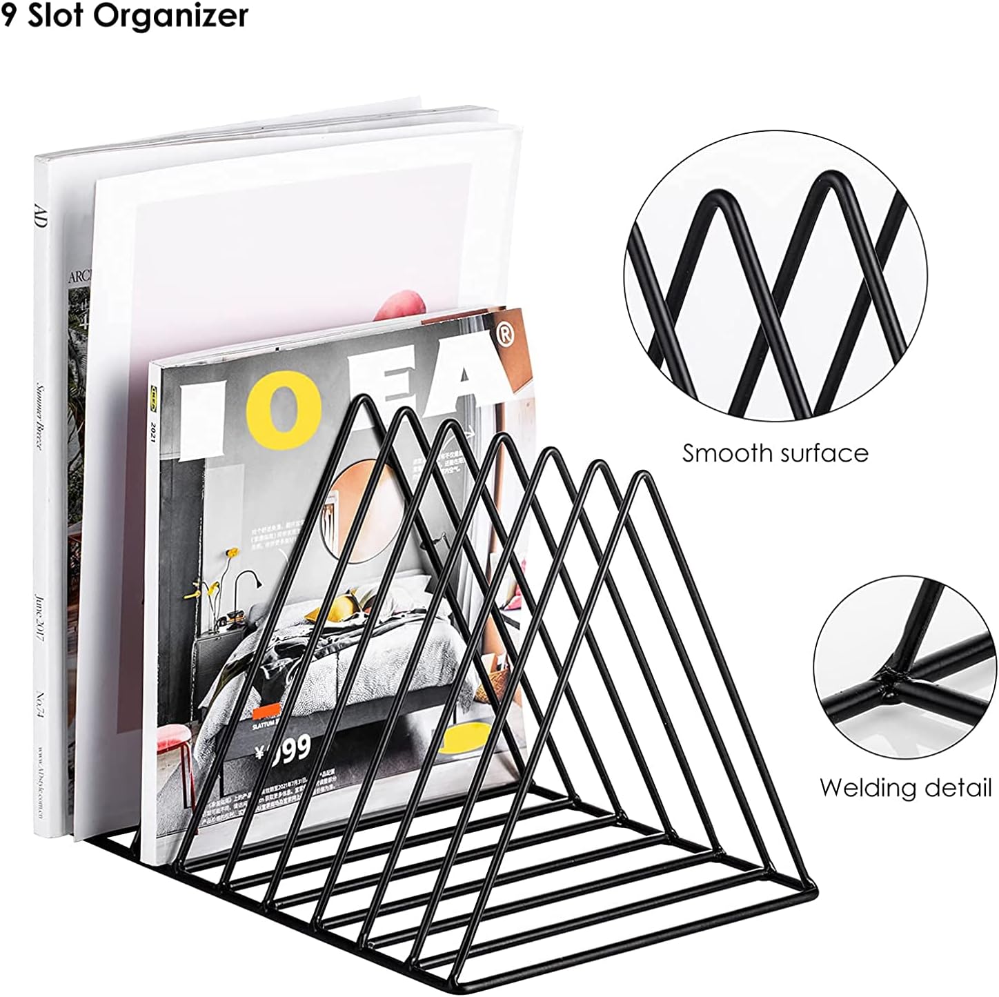 9 Slot Magazine Rack Book Record Holder, Desktop Iron Storage Rack Bookshelf Multifunction Triangle File Organizer Sorter for Decor Home Office, Black Pack of 2