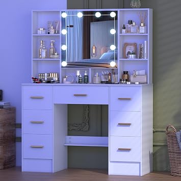Dressing Table with Mirror and Adjustable Brightness LED Lights, Large 7 Drawers, 6 Open Storage Shelves and Hidden Shelves, 39.5