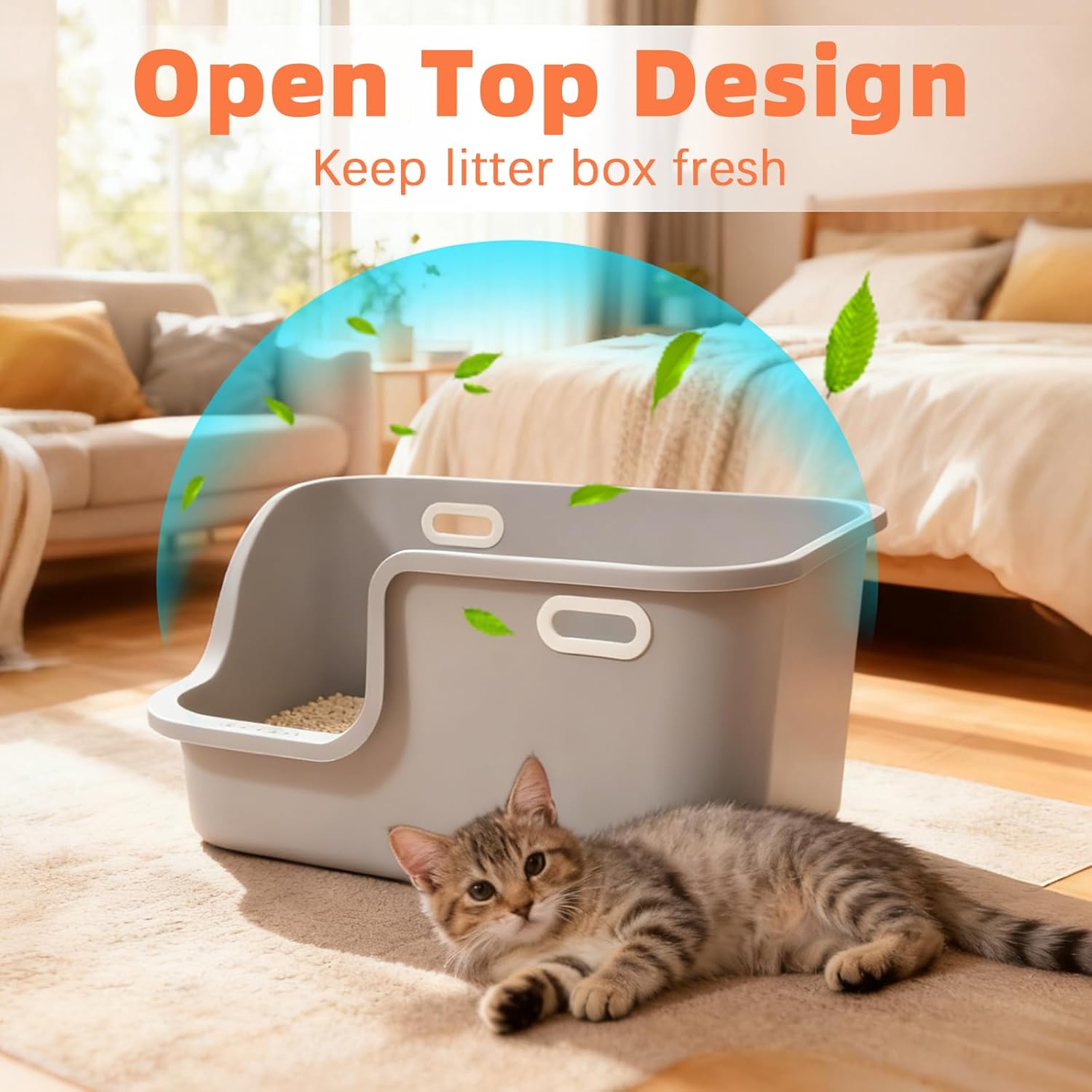 SpaceTime Extra Large Cat Litter Box with High Sides,Jumbo Low Entry Kitty Litter Pan with Portable Handles,XL Multi Cat Boxes for Indoor Kittens,Senior & Big Cats,Anti-Splashing,Easy to Clean (Grey)