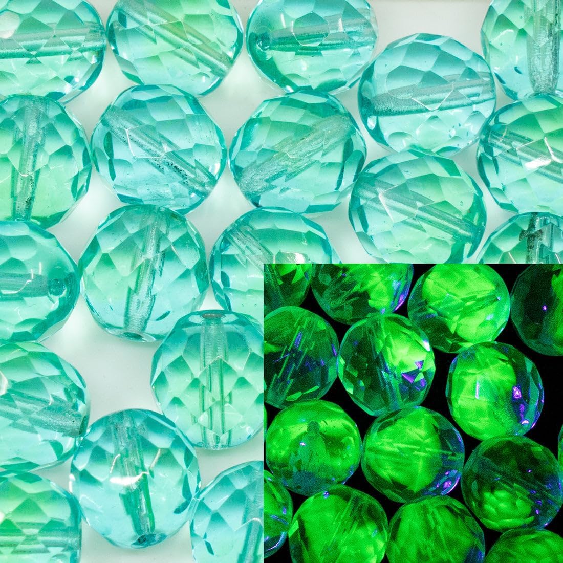 Outlet 10 Grams Faceted Round Fire Polished Beads, 57601 (57601), Glass, Czech Republic - URАNIUM Glass