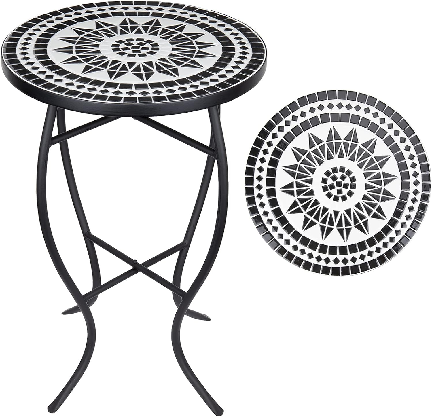 Vipush Mosaic Round Patio Side Table - Black Folding Outdoor Accent End Table, Bistro Coffee Plant Stand for Porch Balcony Backyard