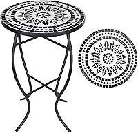 Vipush Mosaic Round Patio Side Table - Black Folding Outdoor Accent End Table, Bistro Coffee Plant Stand for Porch Balcony Backyard