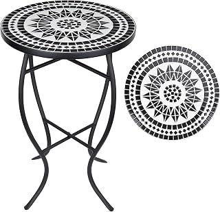 Vipush Mosaic Round Patio Side Table - Black Folding Outdoor Accent End Table, Bistro Coffee Plant Stand for Porch Balcony Backyard