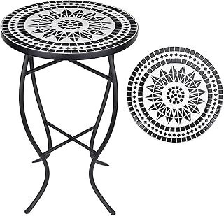 Vipush Mosaic Patio Side Table Outdoor Accent Table Bistro Coffee Table Plant Stand Indoor Folding Round End Table for Small Porch Balcony Backyard,Black