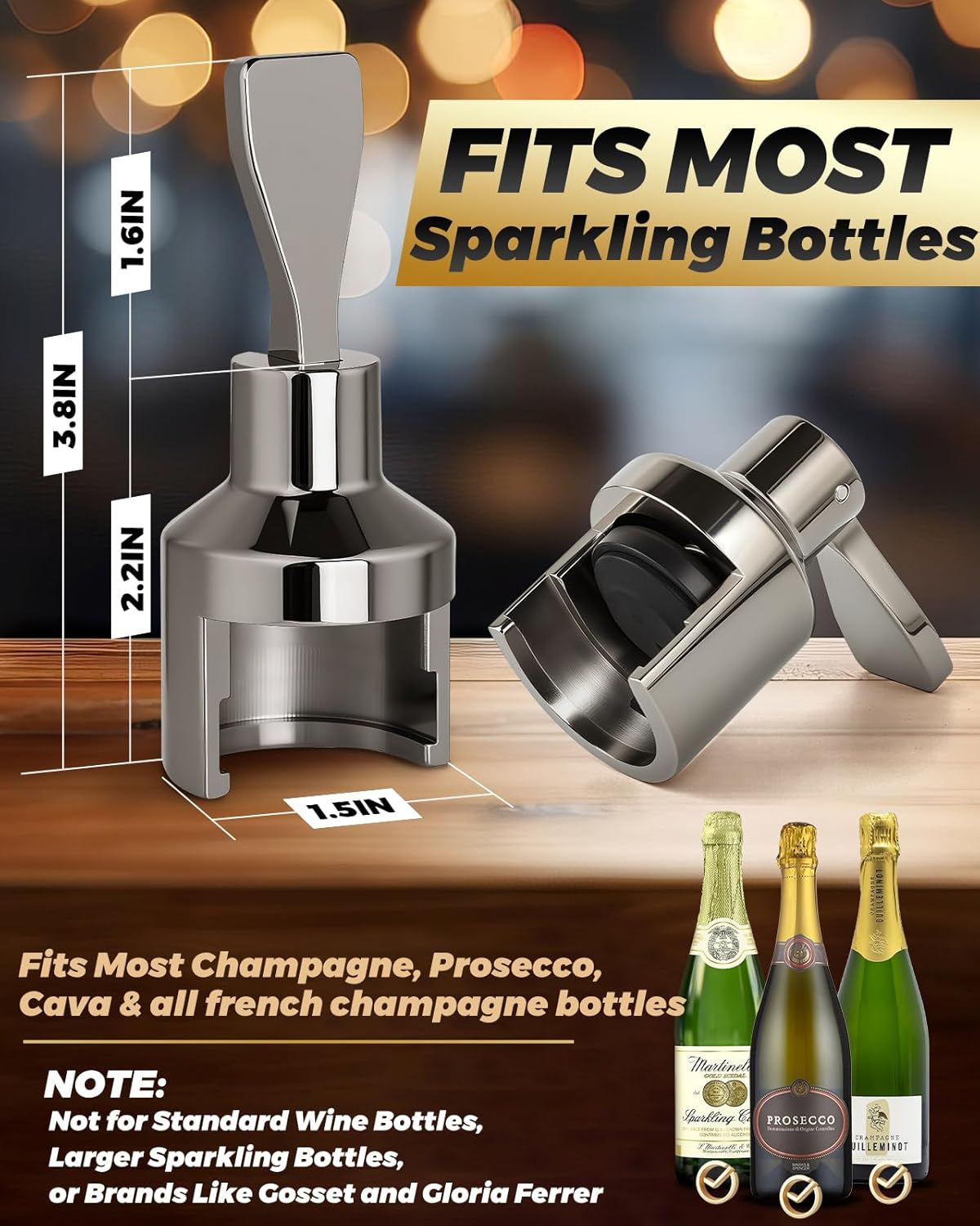 Champagne & Sparkling Crown Bottle Stopper Fits Champagne, Prosecco, Cava Only (Not for Standard Wine Bottles), Replace le creuset Champagne Stopper, Black Nickel Zinc Alloy, Secure Seal for Bubbly