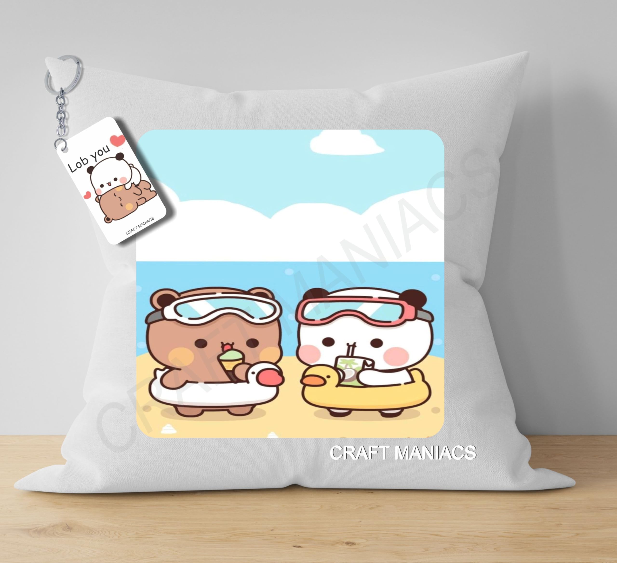 Bubu Dudu Beach Babies Pillow Keychain Combo : A 16 * 16 Pillow with Filler Inside & Free Wooden MDF Keychain-image-13