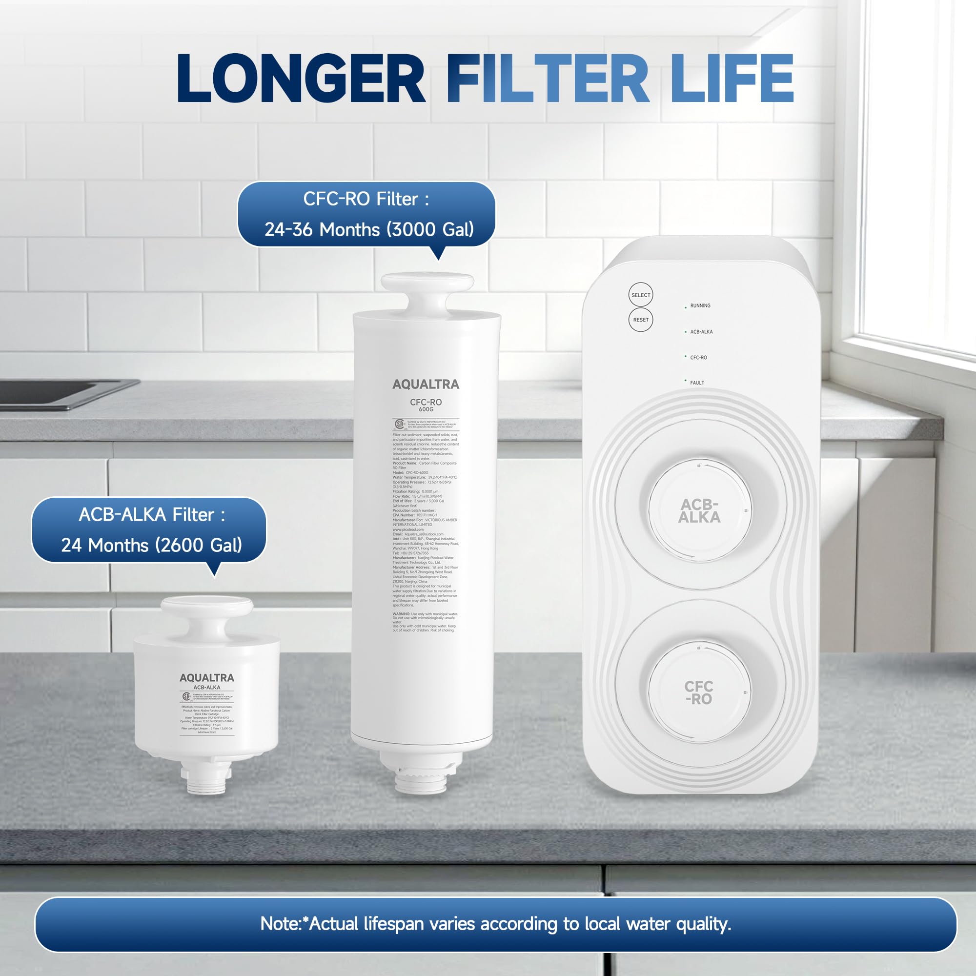 AQUALTRA USF-AR-600 Umkehrosmoseanlage untertisch, 10-stufige alkalische Osmoseanlage für Trinkwasser, NSF/ANSI/CAN372 zertifiziert, 600GPD, 3:1 Rein-zu-Abwasser, intelligenter LED-Wasserhahn, tanklos