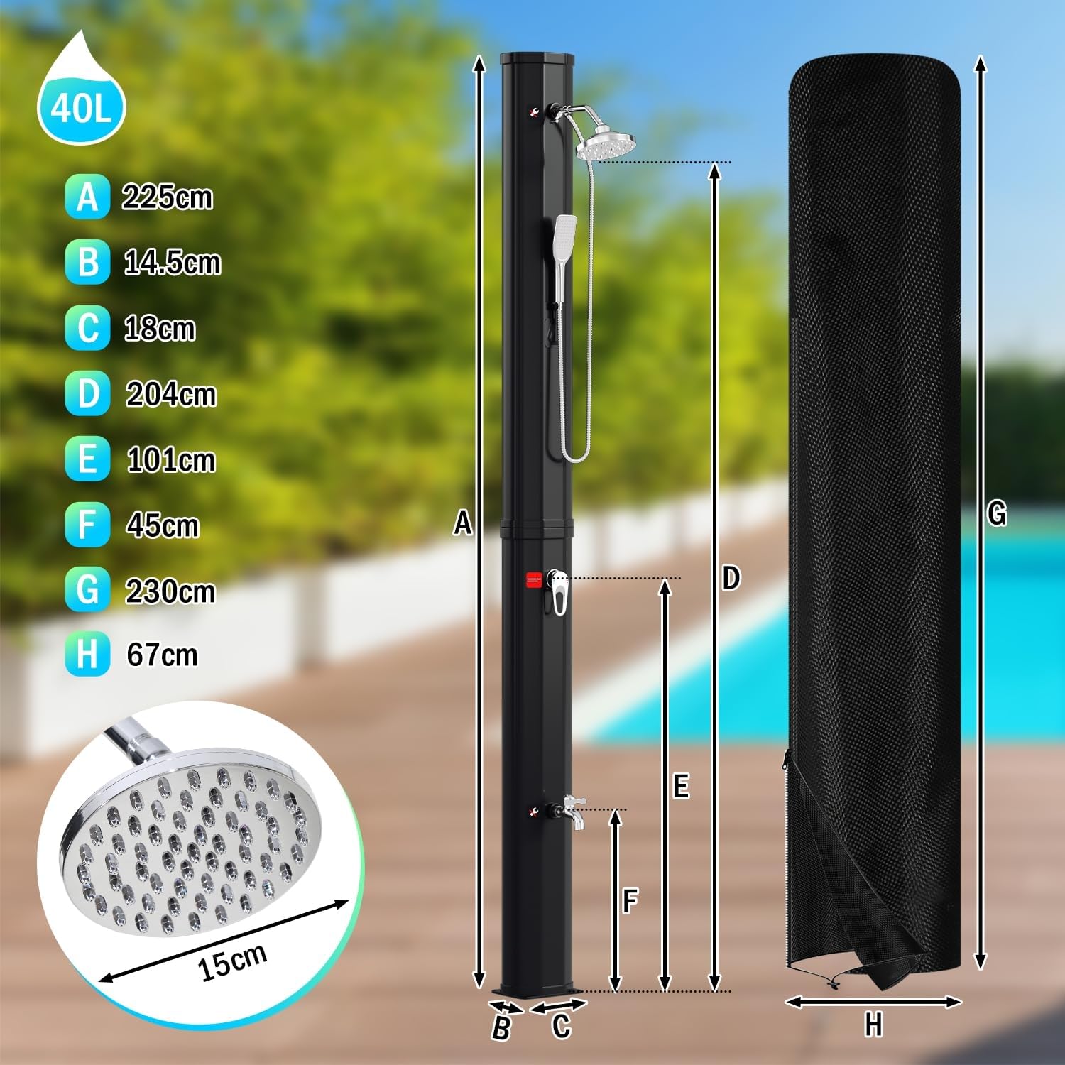 Ducha Solar de jardín de 40 l, Agua Caliente hasta 60 °C, sin conexión eléctrica, Ducha de Piscina, Camping con Ducha de pies y Cabezal de Ducha de Lluvia Giratorio, Incluye Material de