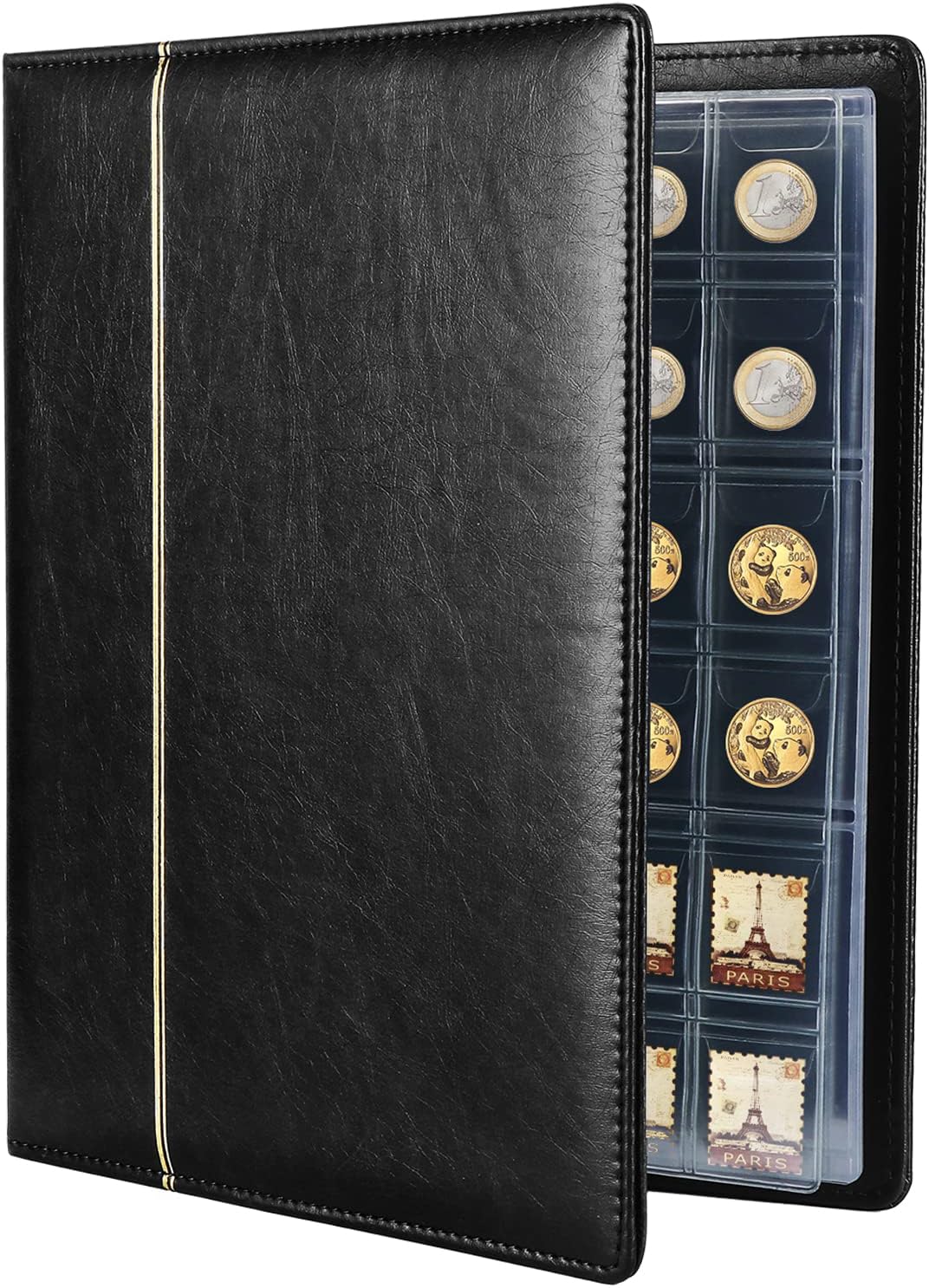 Coin Collection Album 150 Pockets, Leather Cover Coin Collection Holder Book, Coin Storage Album with 24 Pockets Bill Commemorative Money Penny Holders for Collectors, Black