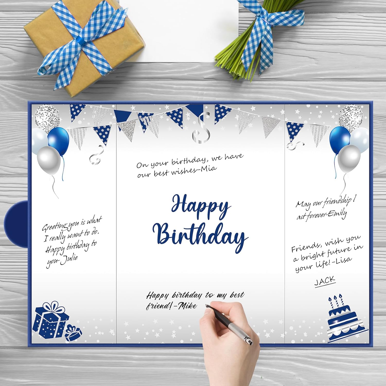 13th Birthday Decorations for Boys Girls, Blue Sliver Signature Book Happy 13th Birthday Banner Bruh I'm 13 Backdrop Table Honeycomb Centerpieces Cake Topper Balloons Hanging Swirls Party Supplies