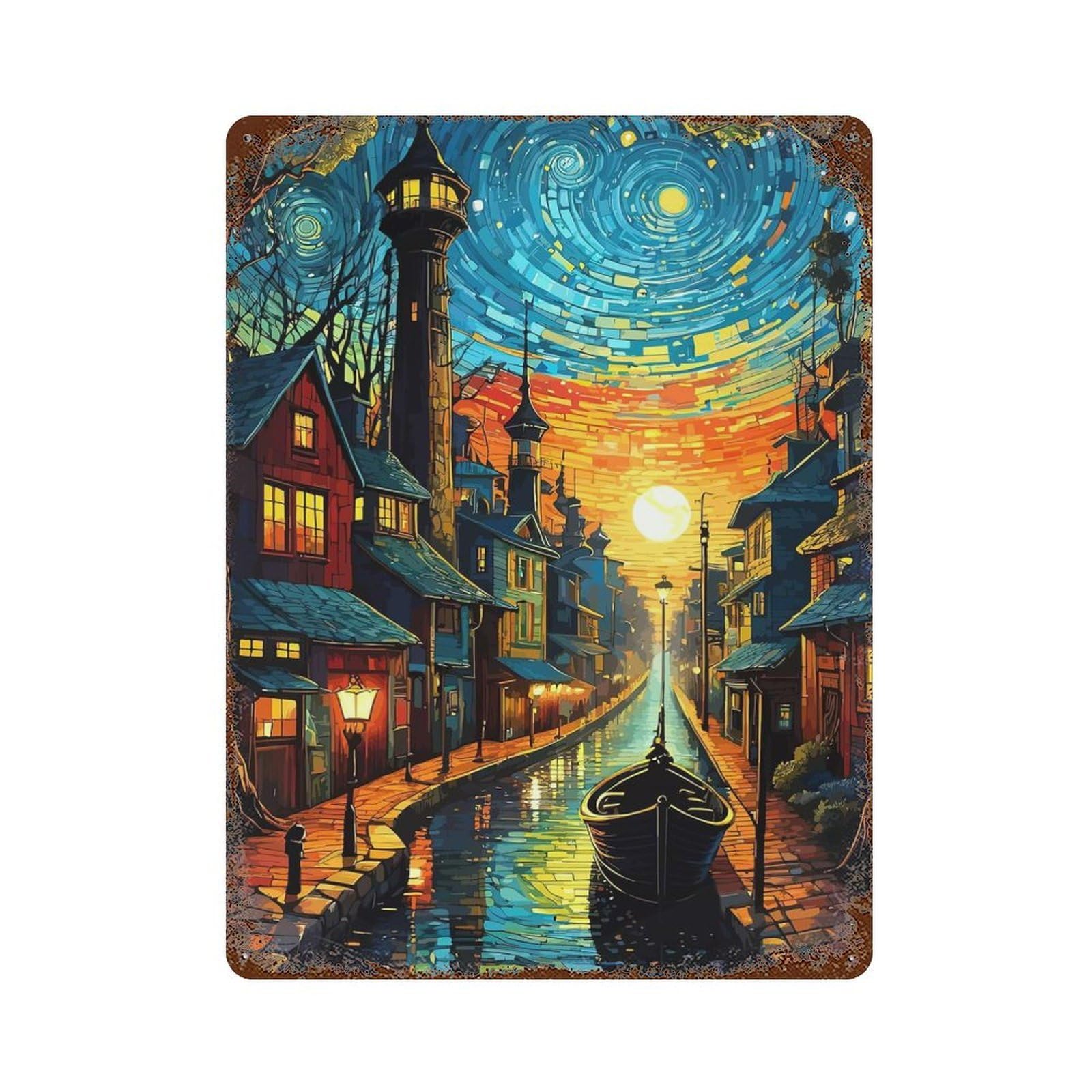 Garage Style Waterway Cityscape Rustic Tin Plaque 15.7"x11.8", Industrial Home Decor for Bar And Workshop