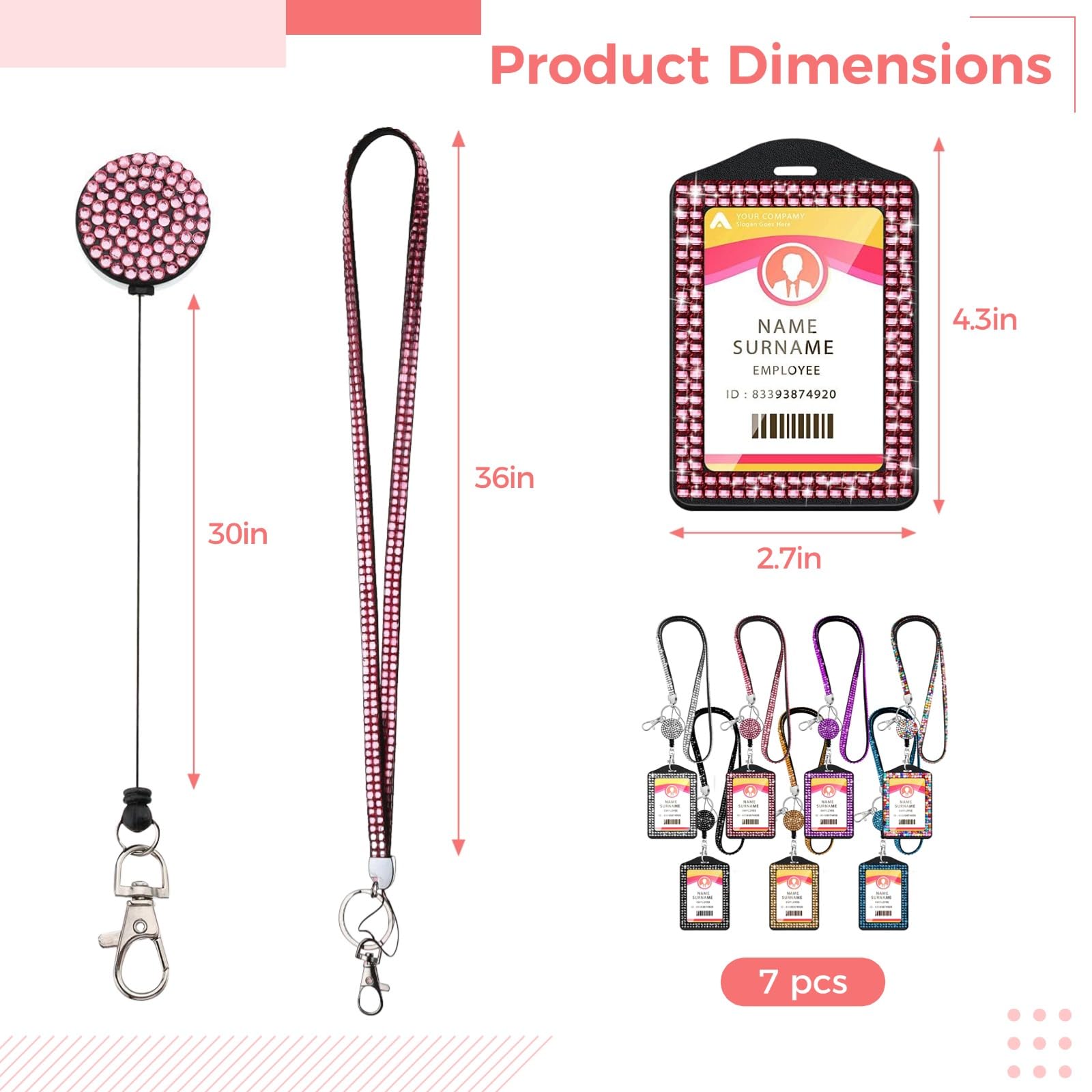 Cordón de diamantes de imitación con soporte para tarjetas de identificación, tarjetero retráctil, correa de cuello con cristales brillantes, llavero de collar de oficina, accesorios decorativos de 7