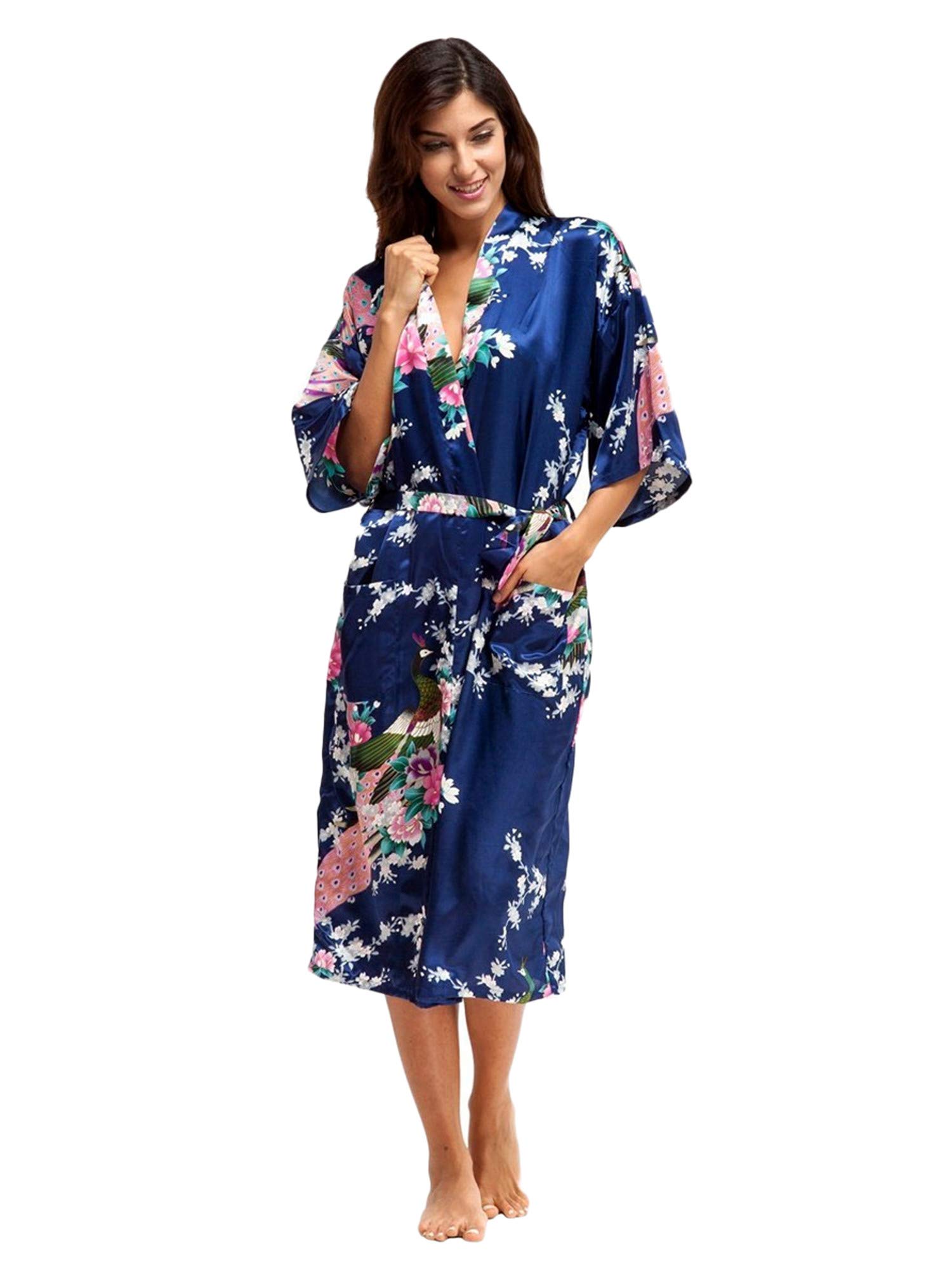 Andongnywell Women Long Sleep Robe Floral Satin Nightwear Kimono Robes Long Soft Lightweight Satin Nightwear Bathrobe