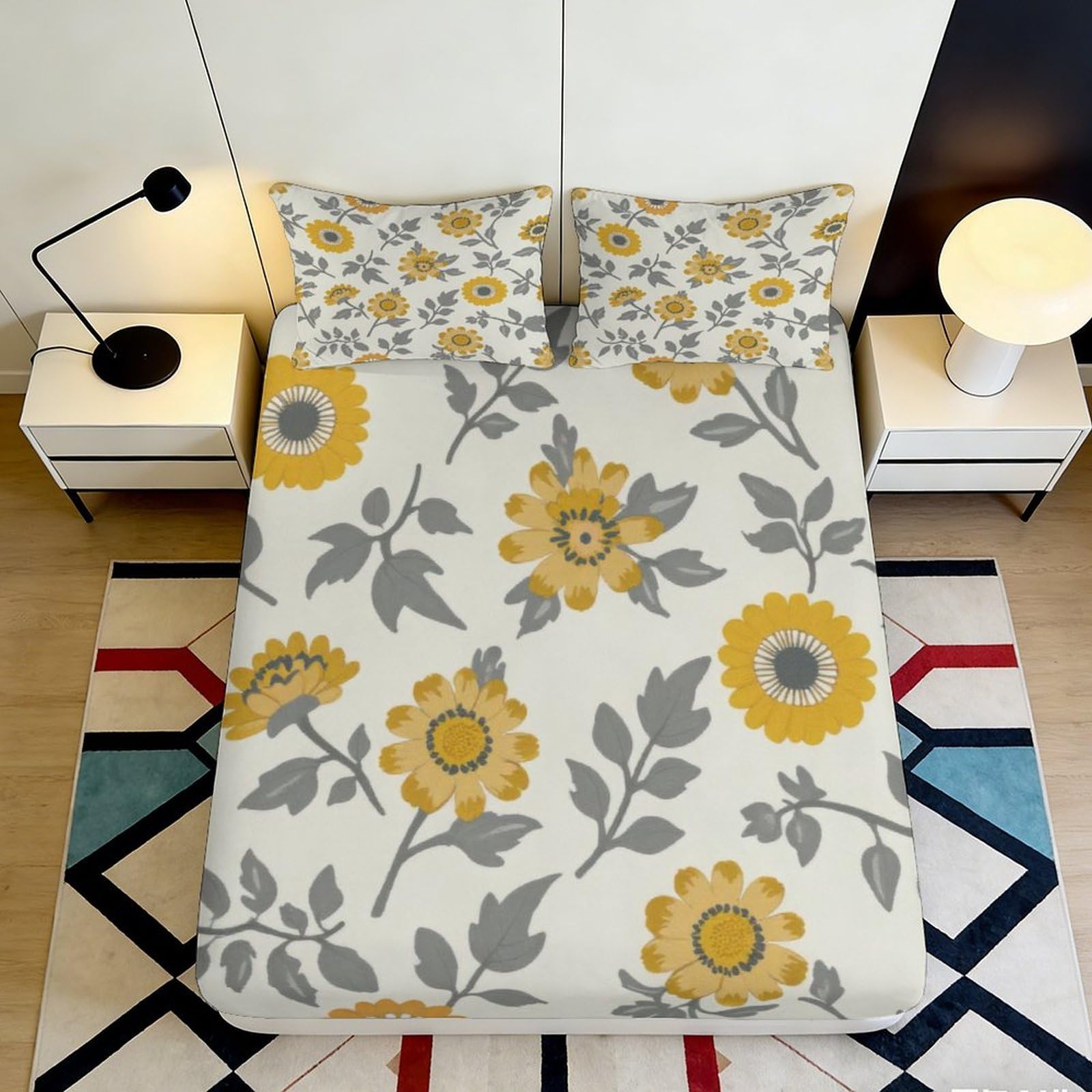 3D Printed Sunflower Bloom Fitted Sheet Microfiber Anti-Slip Grey Leaf Bed Cover for Bedroom Guest Room Decor 90x200x25cm
