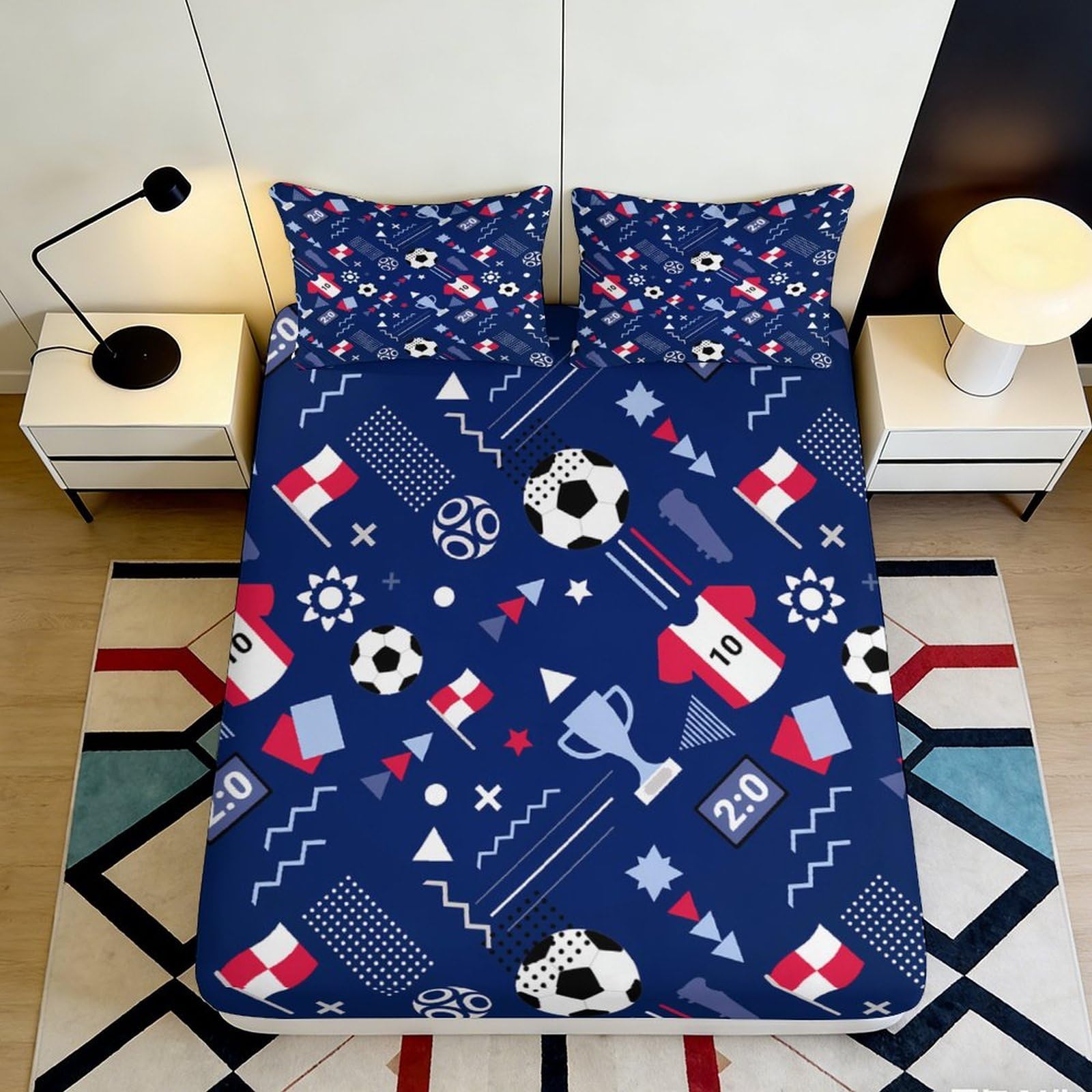 3D Printed Football Trophy Fitted Sheet Microfiber Soccer Elements Bed Sheet for Bedroom Dorms Mattress Protection Decor 90x200x25cm