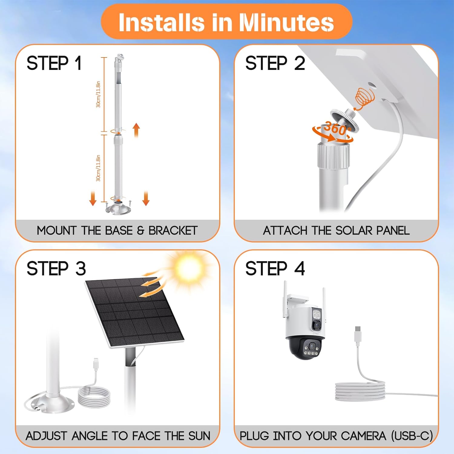 2 Pack Solar Panel for Ring Camera, 5W Solar Fast Charger, Telescopic Pole & 360° Swivel, 10ft USB-C Cable, IP65 Weatherproof, for Ring Battery Outdoor Security Cameras, Perfect for Reaching Sunlight