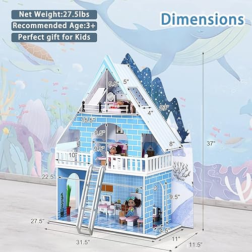 Miniatura 6 de Casa Barbie, casa de muñecas con escaleras y accesorios, regalo para niños (azul)