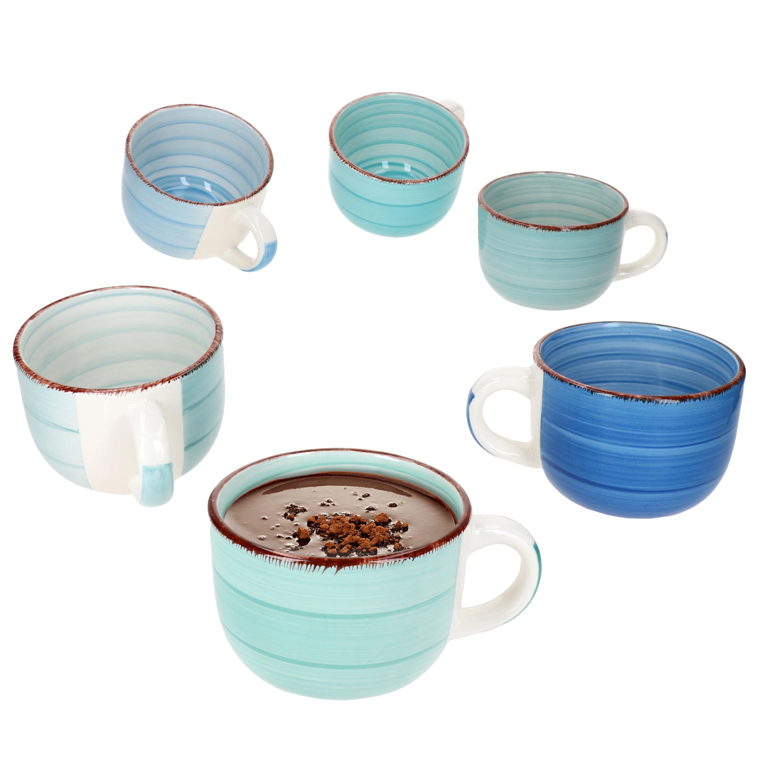 MamboCat Set di 6 tazze jumbo blu, 400 ml, per 6 persone, tazze grandi in gres porcellanato, 6 diverse tonalità di blu con decorazione strudel, tazze XL per tè, caffè, cacao e Co