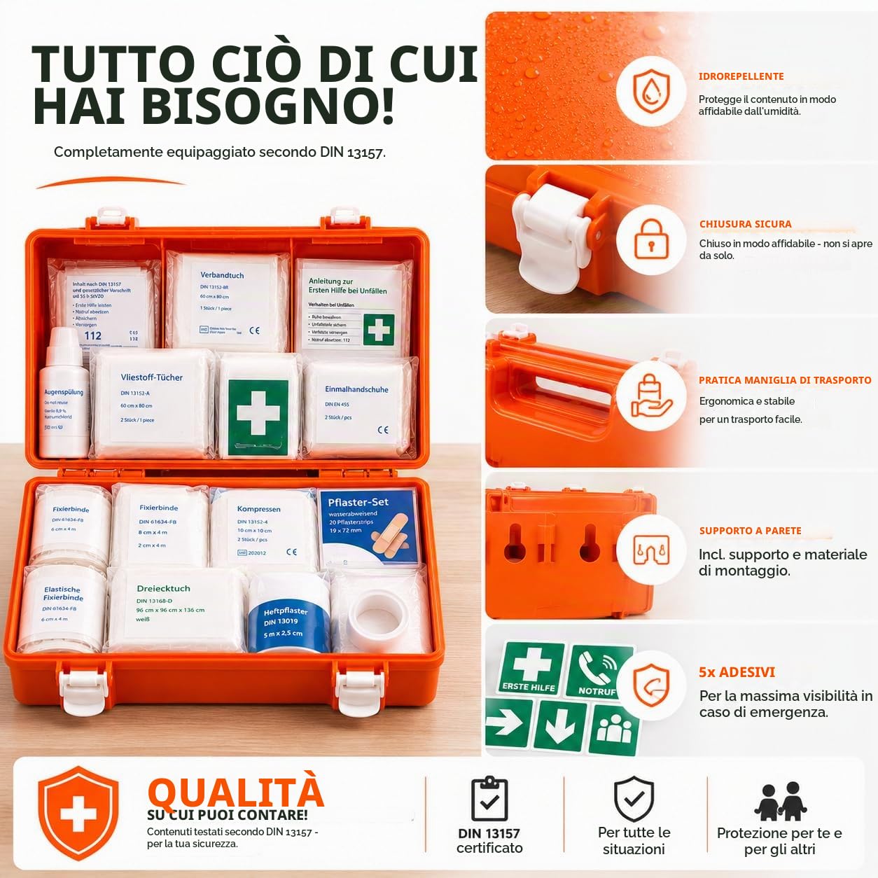 Cassetta di pronto soccorso, DIN 13157, per aziende e aziende, scatola di pronto soccorso, testata secondo gli standard attuali, con adesivo e supporto da parete