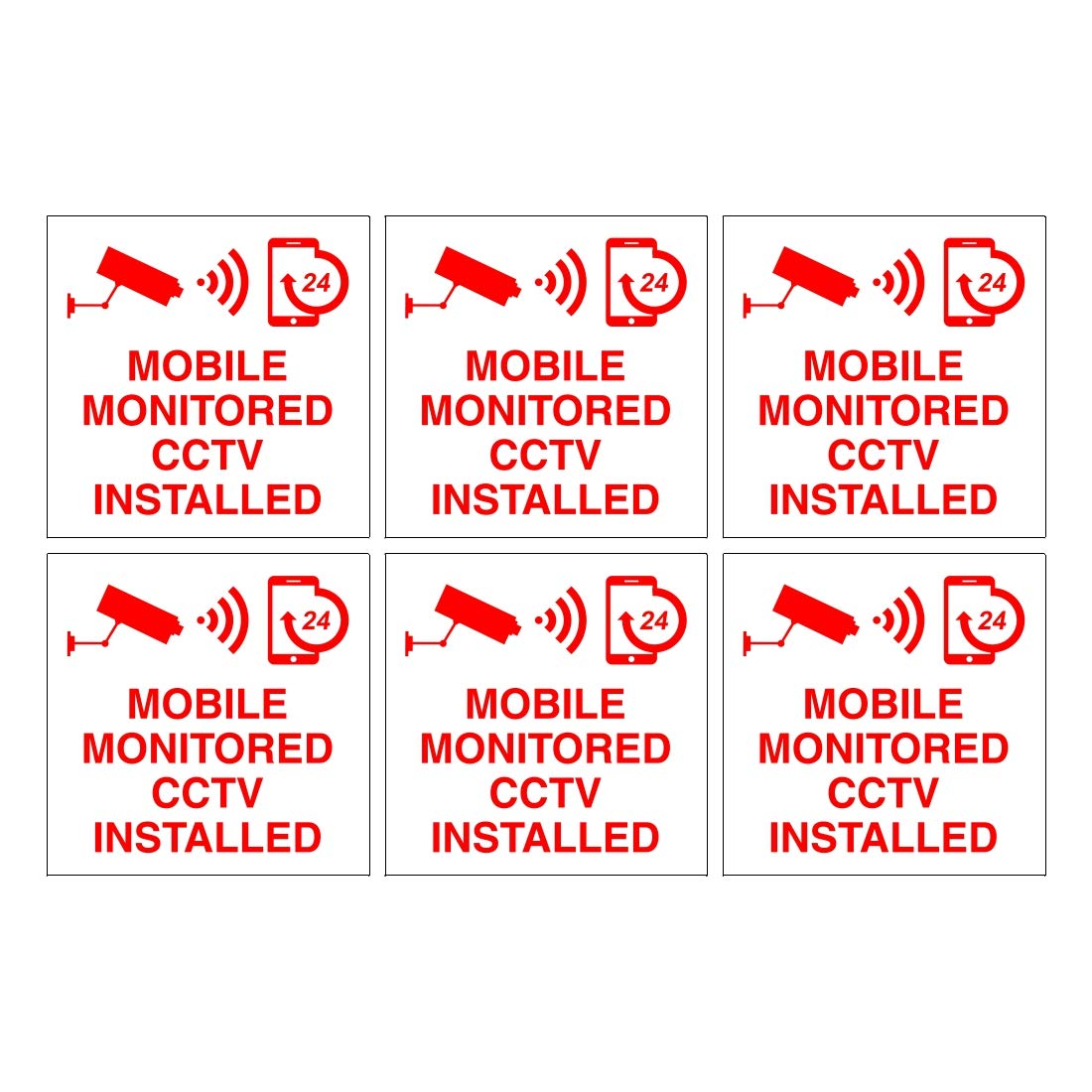 Set of 6 Mobile Monitored CCTV Installed Signs. 120mm x 120mm Self Adhesive Stickers. Ideal for Businesses and Homes. Easy to Apply